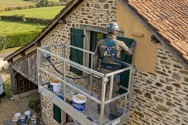 Ouvrier effectuant un ravalement de façade